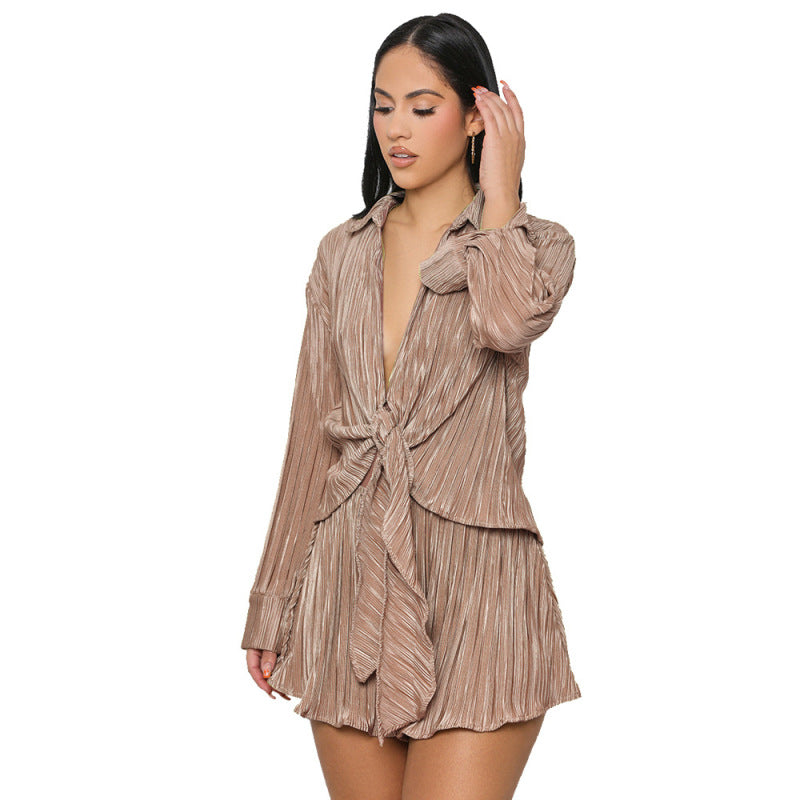 Women Casual Knotted Hemline Long-Sleeved Fashion Pleated Blouse Shorts Two-Piece Vacation Set