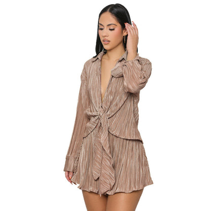 Women Casual Knotted Hemline Long-Sleeved Fashion Pleated Blouse Shorts Two-Piece Vacation Set