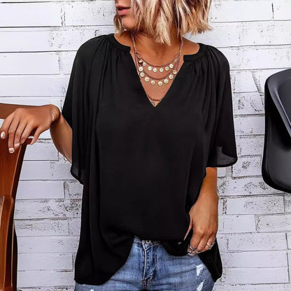 Women Casual Loose Solid Color V-Neck Short-Sleeve Blouse