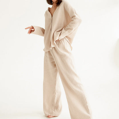 Women Fashion Casual Loose Solid Color Cotton Blouse Top Pants Home Pajamas Two-Piece Set