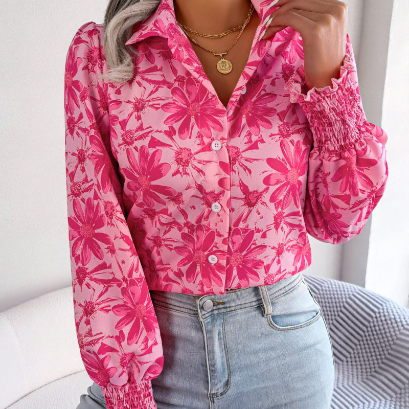 Women Fashion Casual Color Block Floral Print Lapel Blouse