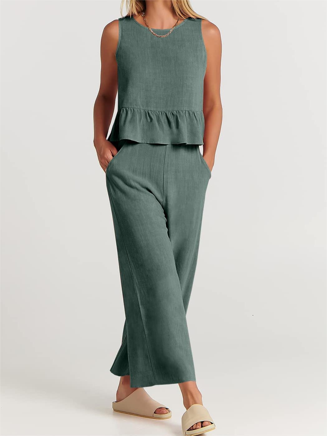 Summer Sleeveless Ruffled Blouse Wide Leg Pants Casual Women Set