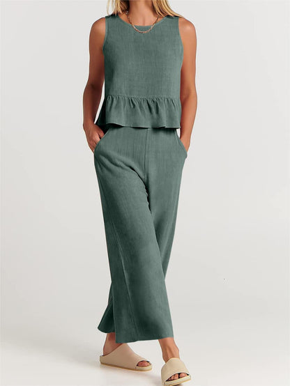 Summer Sleeveless Ruffled Blouse Wide Leg Pants Casual Women Set