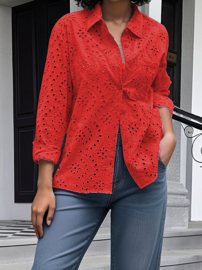 Women Fashion Casual Solid Color Embroidery Hollow Lapel Plus Size Blouse