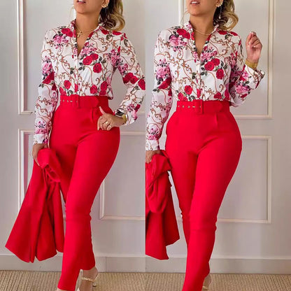 Women Fashion Casual Floral Printed Lapel Long-Sleeve Blouse Slim Fit Pants Two-Piece Pants