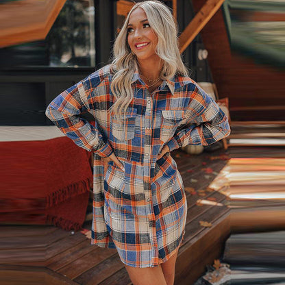 Casual Vintage Women Autumn And Winter Plaid Long Sleeve Lapel Blouse Shacket