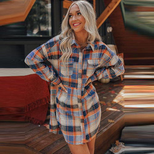 Casual Vintage Women Autumn And Winter Plaid Long Sleeve Lapel Blouse Shacket