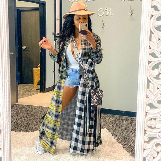 Women Fashion Casual Multicolor Plaid Patchwork Long Blouse Shacket Over Coat