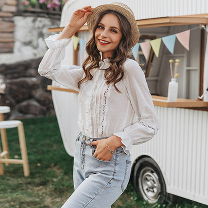 Women Fashion Casual Cotton Horn Sleeve Hollow-Out Stitching Blouse