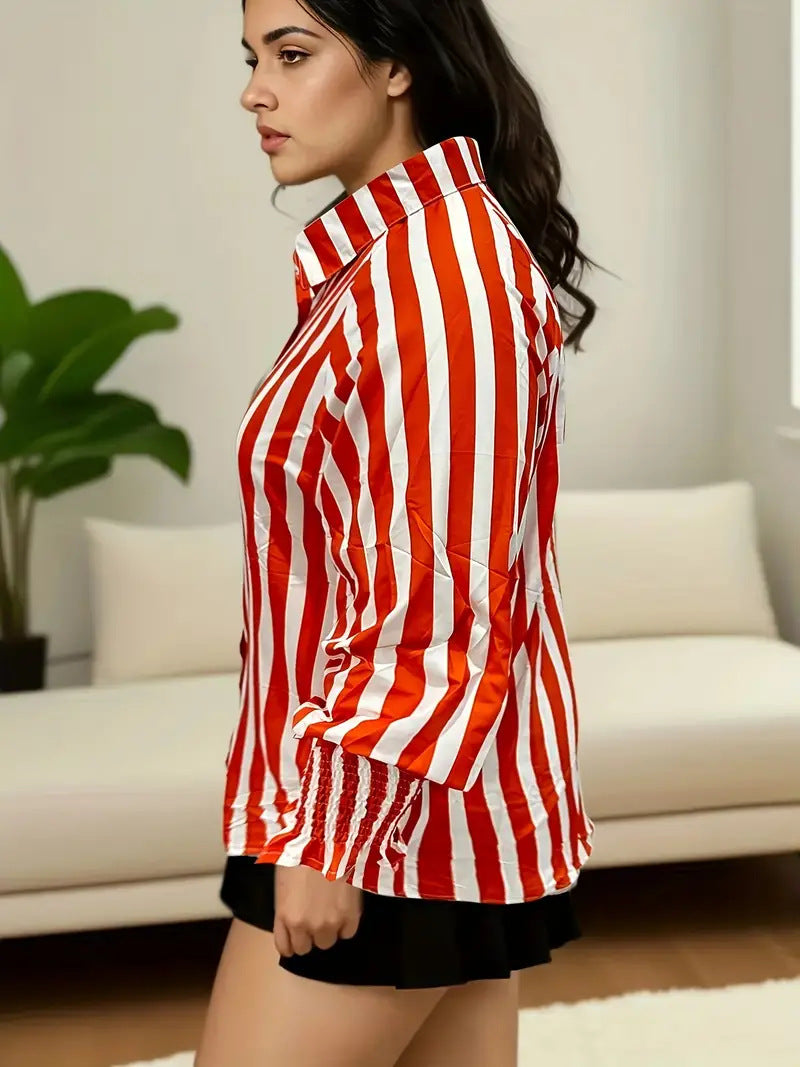 Women Fashion Casual Loose Plus Size Stripe Lapel Long-Sleeve Blouse