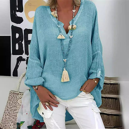 Plus Size Solid Long Sleeve Women Loose Casual V Neck Blouse