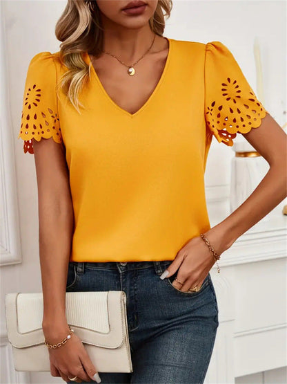 Women Casual Hollow Flower Hollow Short-Sleeved V Neck Blouse