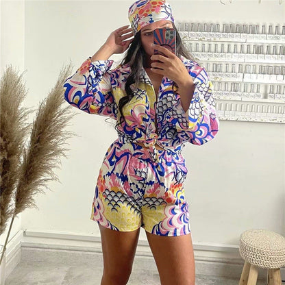 Women Elegant Bohemian Fashion Casual Vintage Long Sleeves Blouse And Shorts With Turban Three Piece Set