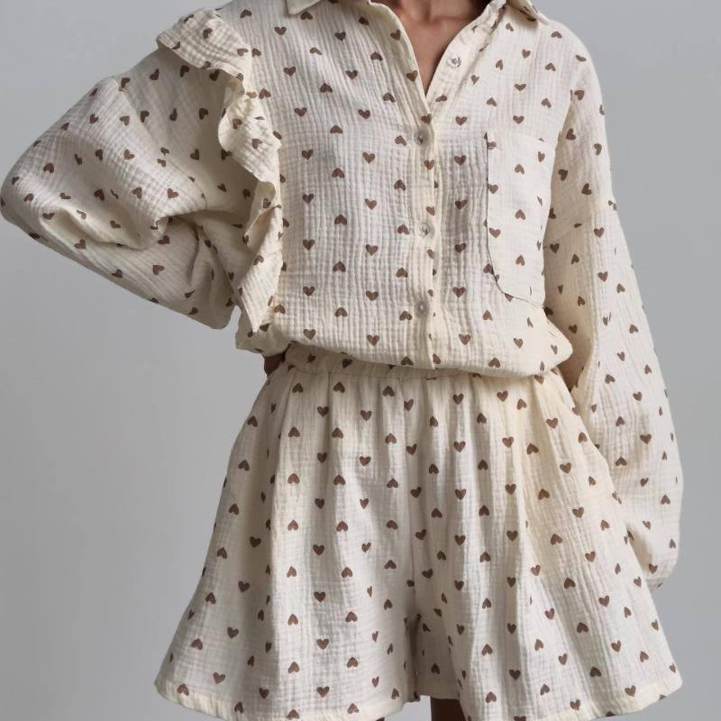 Fashion Casual Sweet Women Heart Floral Print Long Sleeve Ruffled Blouse And Shorts Set