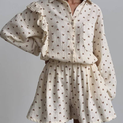 Fashion Casual Sweet Women Heart Floral Print Long Sleeve Ruffled Blouse And Shorts Set