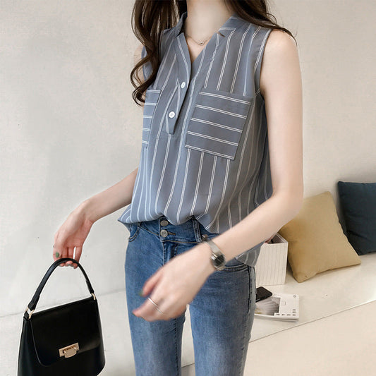 Women Casual Summer V Neck Striped Sleeveless Loose Chiffon Blouse