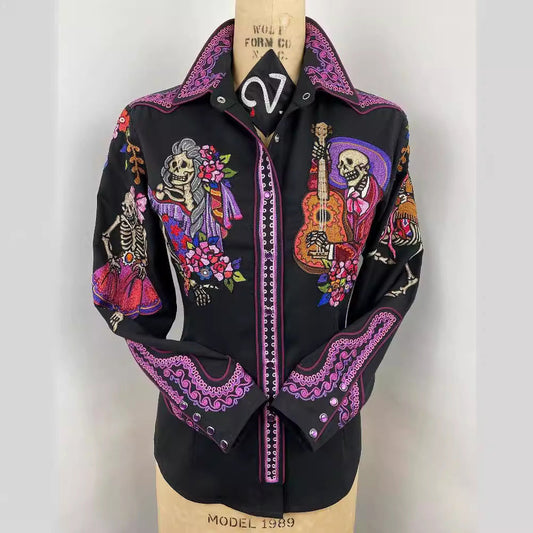 Women Casual Western Geometric Pattern Printed Lapel Long-Sleeve Single Breasted Blouse