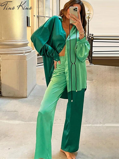 Women Patckwork Shirt Pant Two Piece Set Casual Long Sleeve Shirt Blouse High Waist Pant Suit