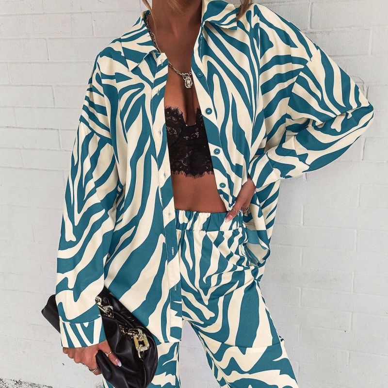 Women Fashion Casual Stripe Print Long Sleeve Blouse Pants Set