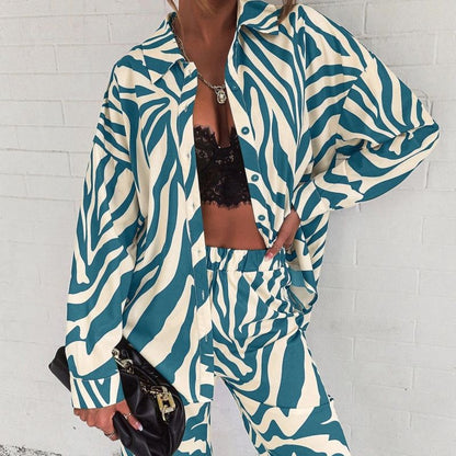 Women Fashion Casual Stripe Print Long Sleeve Blouse Pants Set