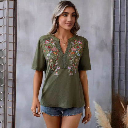 Women Casual Embroidery Lace Stitching Blouses