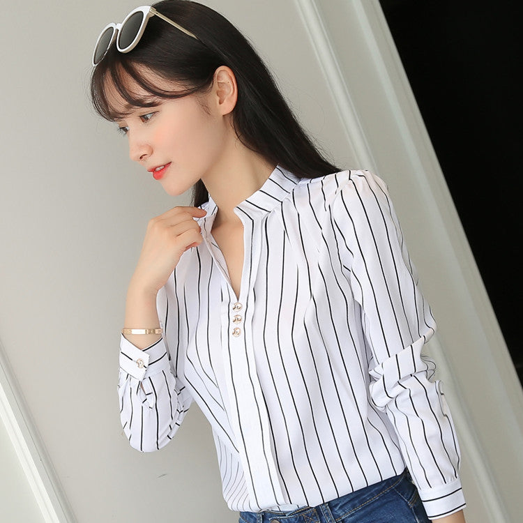 Women Casual Fashion Stripe Pattern Long Sleeve Basic Work Shirt Blouse