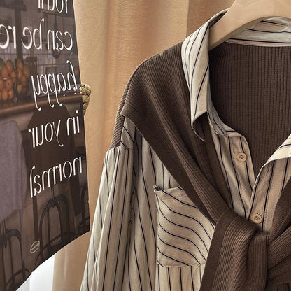 Autumn Shawl Fake Two-Piece Stripe Shirt Women Casual Long Sleeve Lapel Blouse