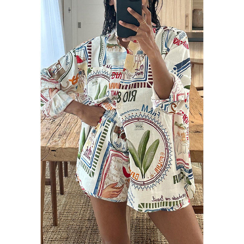 Fashion Vacation Women Long-Sleeved Casual Loose Blouse Drawstring Pocket Shorts Two-Piece Set