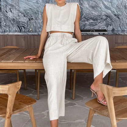 Women Casual Fashion Solid Color Cotton Linen Sleeveless Blouse And Pants Vacation Set