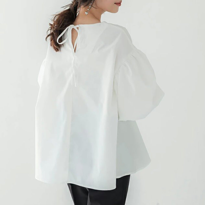 Women Casual Loose Puff Sleeve Round Neck Solid Color Office Chic Blouse