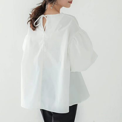 Women Casual Loose Puff Sleeve Round Neck Solid Color Office Chic Blouse