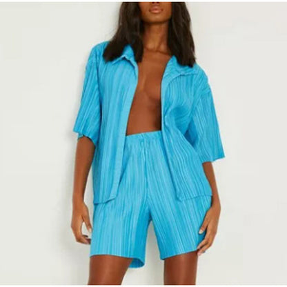 Women Casual Summer Vacation Short-Sleeved Shirt Blouse Shorts Fashion Solid Color Pleated Two-Piece Set