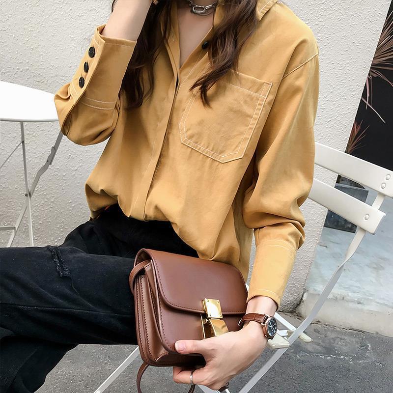 Women Loose Casual Long-Sleeved Solid Color Pocket Blouse Shirt