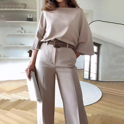 Summer Spring Casual Solid Color Blouse Pants Set