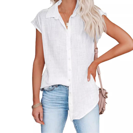 Women Casual Loose Solid Color Single-Breasted Lapel Sleeveless Blouse
