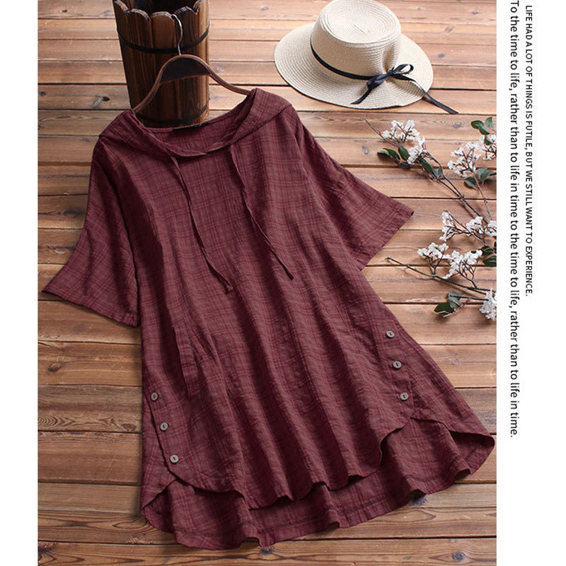Women Casual Summer Short Sleeves Plus Size Round Neck Loose Hooded Blouse