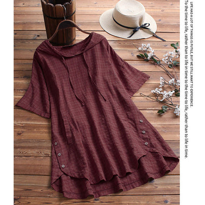 Women Casual Summer Short Sleeves Plus Size Round Neck Loose Hooded Blouse