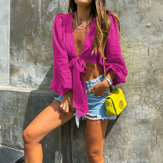 Fashion Women Casual Vacation Solid Color Long Sleeve Knotted Blouse