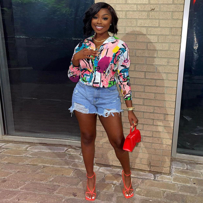 Women Casual Fashion Graffiti Print Long Sleeves Lapel Blouse