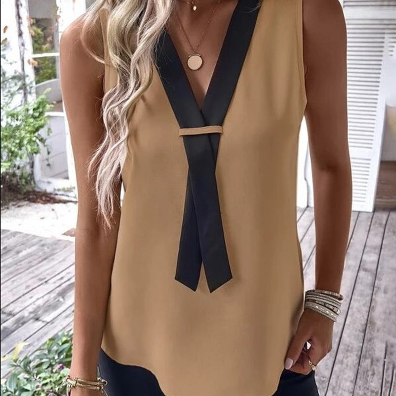 Women Casual V Neck Blocking Color Sleeveless Office Chic Tank Blouse