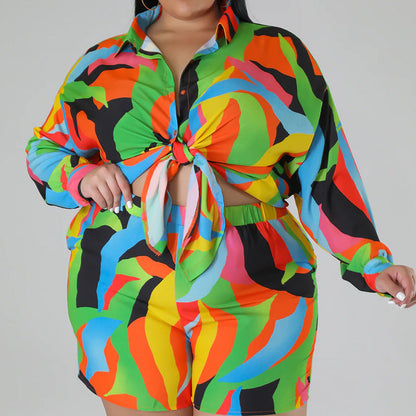Women Casual Plus Size Fashion Printed Lace-Up Blouse And Shorts Two-Piece Set
