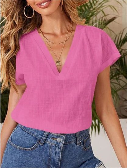 Women Casual Summer Solid Color Loose Short-Sleeved V Neck Short-sleeved Blouse