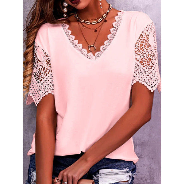 Women Casual Solid Color Lace Patchwork Loose V-Neck Short-Sleeved Blouse