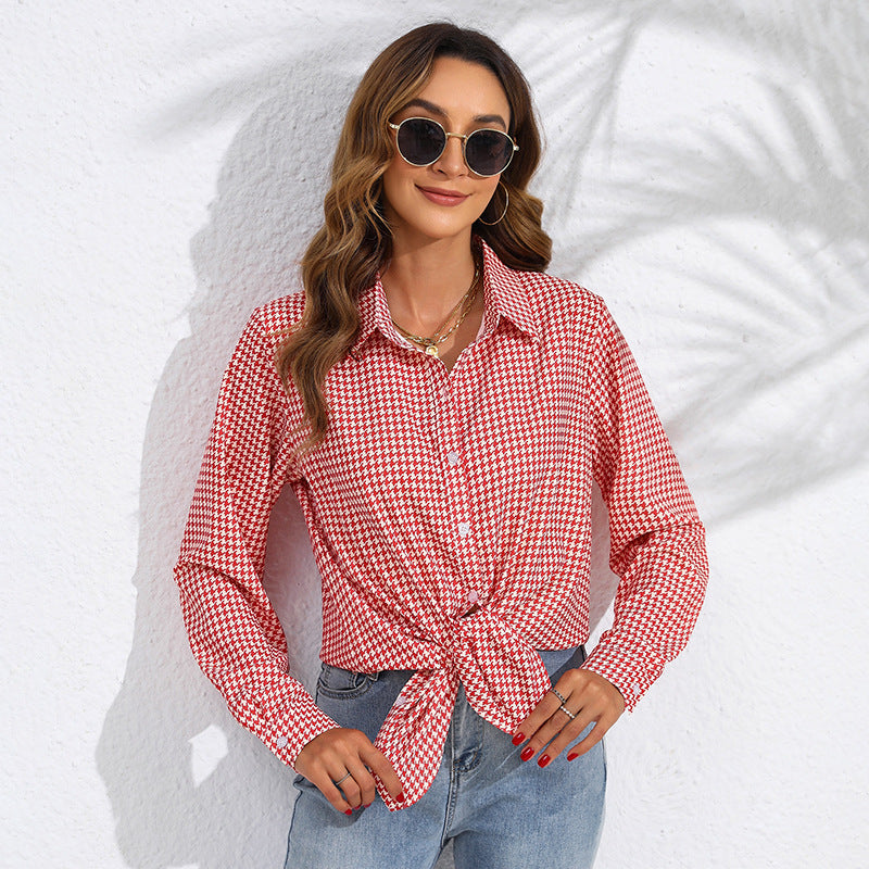 Women Fashion Check Printing Long Sleeve Casual Blouses