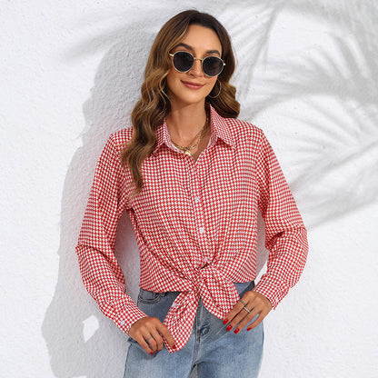 Women Fashion Check Printing Long Sleeve Casual Blouses