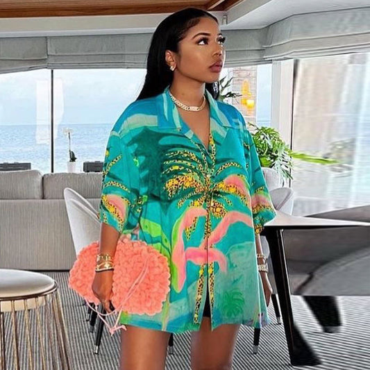 Women Edgy Vacation Summer Oversized Short Sleeves Single-breasted Loose Casual Blouse