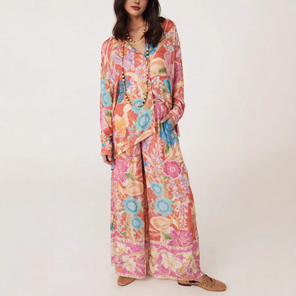 Women Casual Vacation Floral Printed Lapel Long Sleeve Blouse Loose Pants Two-Piece Set
