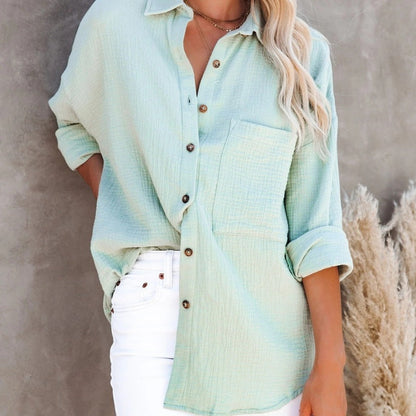 Women'S Casual Long Sleeve V-Neck Button Cotton Linen Blouse
