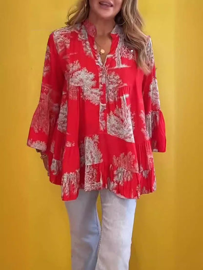 Summer Women Casual Irregular Printed Long-Sleeved Ruffled Blouse