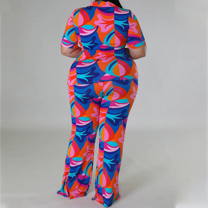 Women Casual Plus Size Fashion Color Blocking Graphic Printed Short-Sleeved Blouse Pants Two-Piece Set